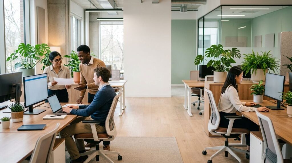Freundliches IT-Team arbeitet zusammen in einem hellen, modernen Büro