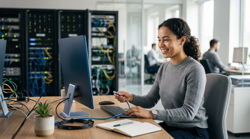 Junge auszubildende Person lernt an einem modernen IT-Arbeitsplatz mit Servertechnik und Netzwerk im Hintergrund