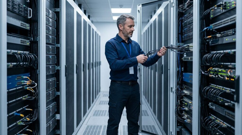 Erfahrener IT-Systemadministrator bei der Arbeit im Serverraum mit Netzwerktechnik